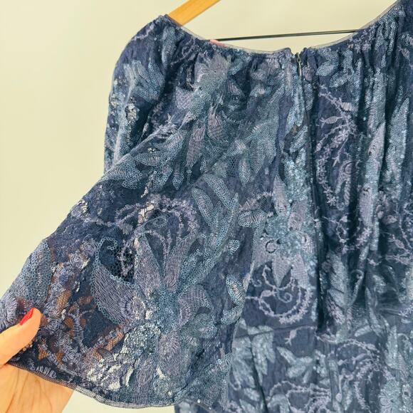 Adrianna Papell Navy Blue Sequin Lace Gown Short Sleeve Stretch Size 18W - Picture 6 of 12